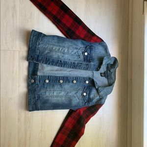 Flannel plaid sleeves jean jacket vintage fashion